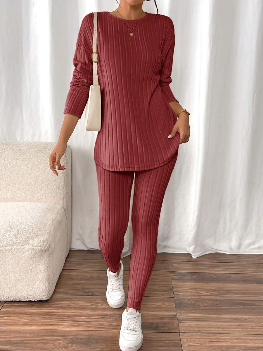conjunto feminino cor melancia básico elegante tecido texturizado canelado