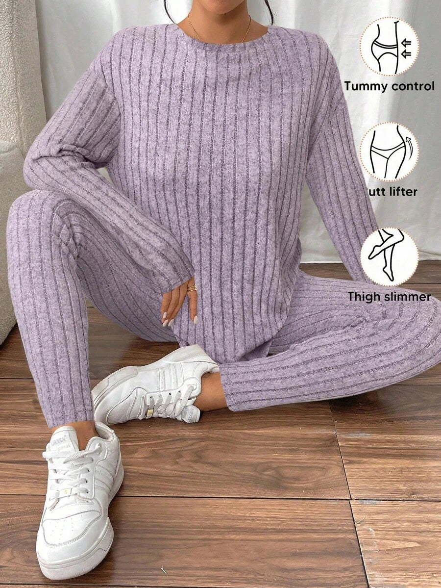 conjunto feminino lilás confortável canelado para dia a dia