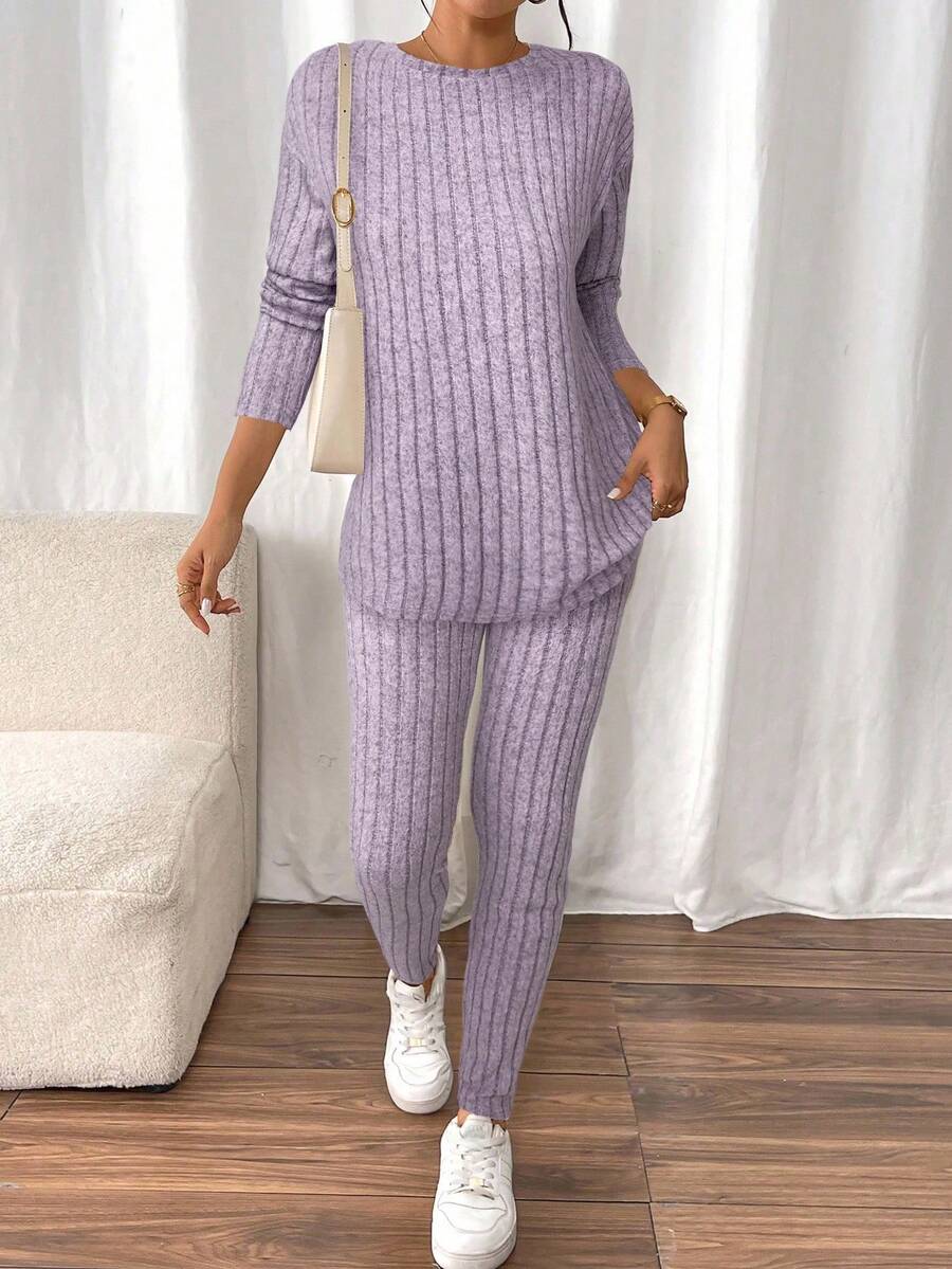 conjunto feminino lilás confortável canelado para dia a dia