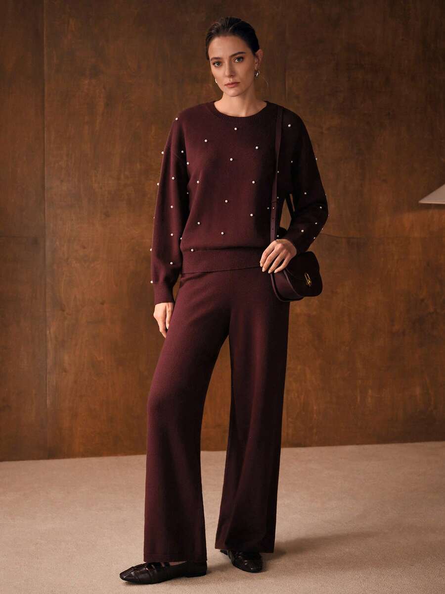 conjunto feminino malha elegante com pérolas marsala inverno