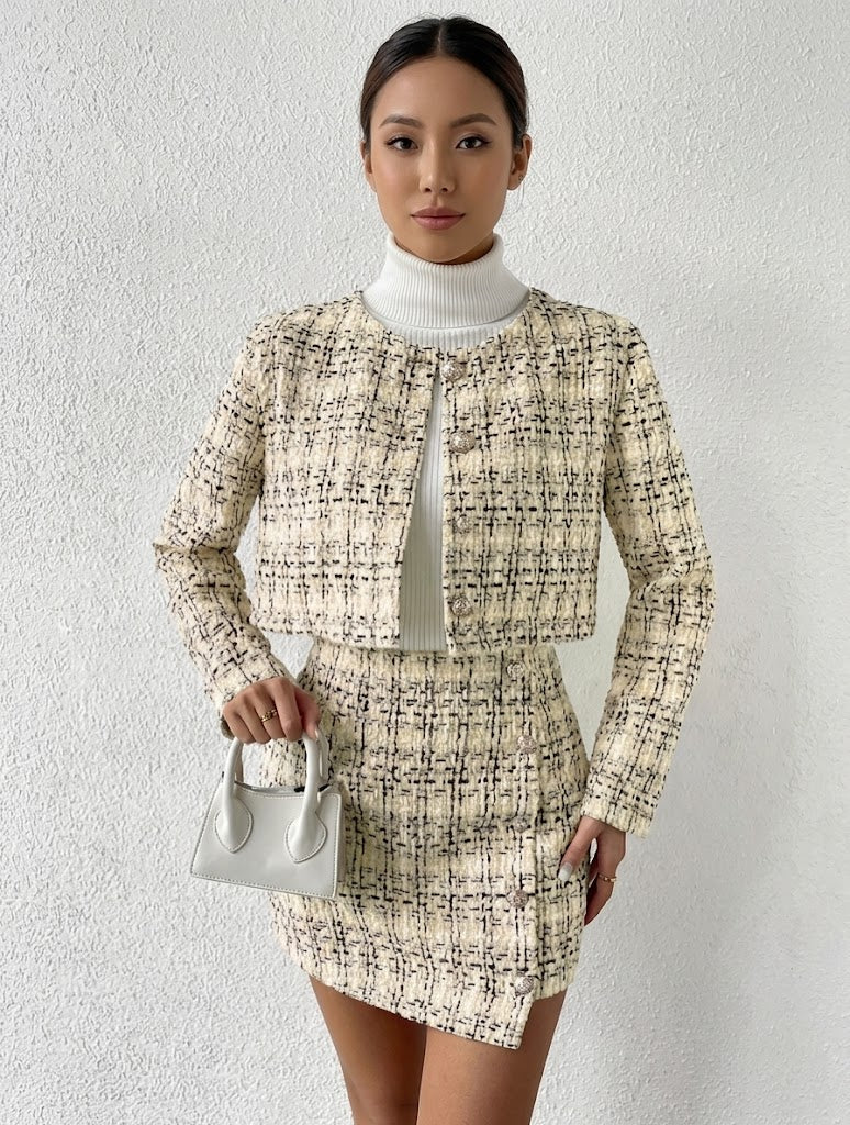 conjunto feminino tweed boutique sofisticado com estampa xadrez