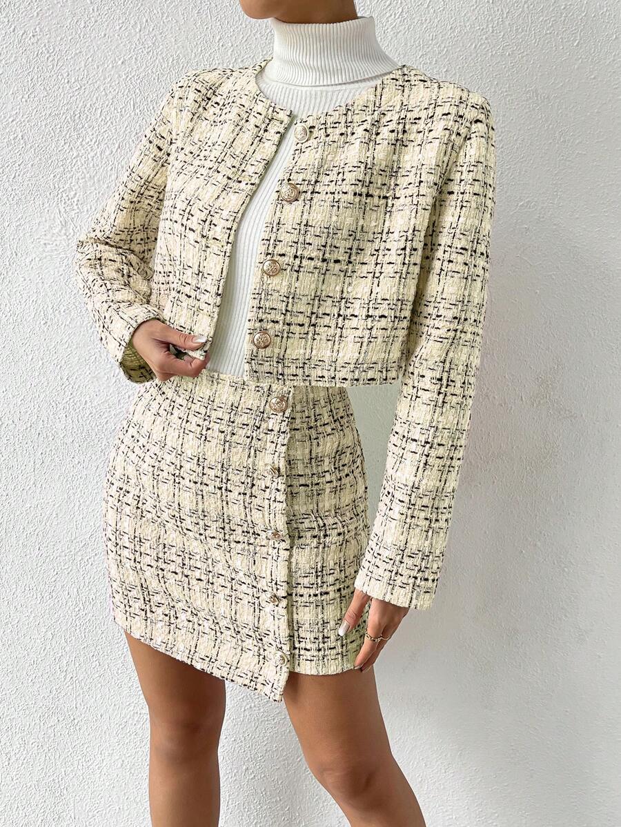 conjunto feminino tweed boutique sofisticado com estampa xadrez