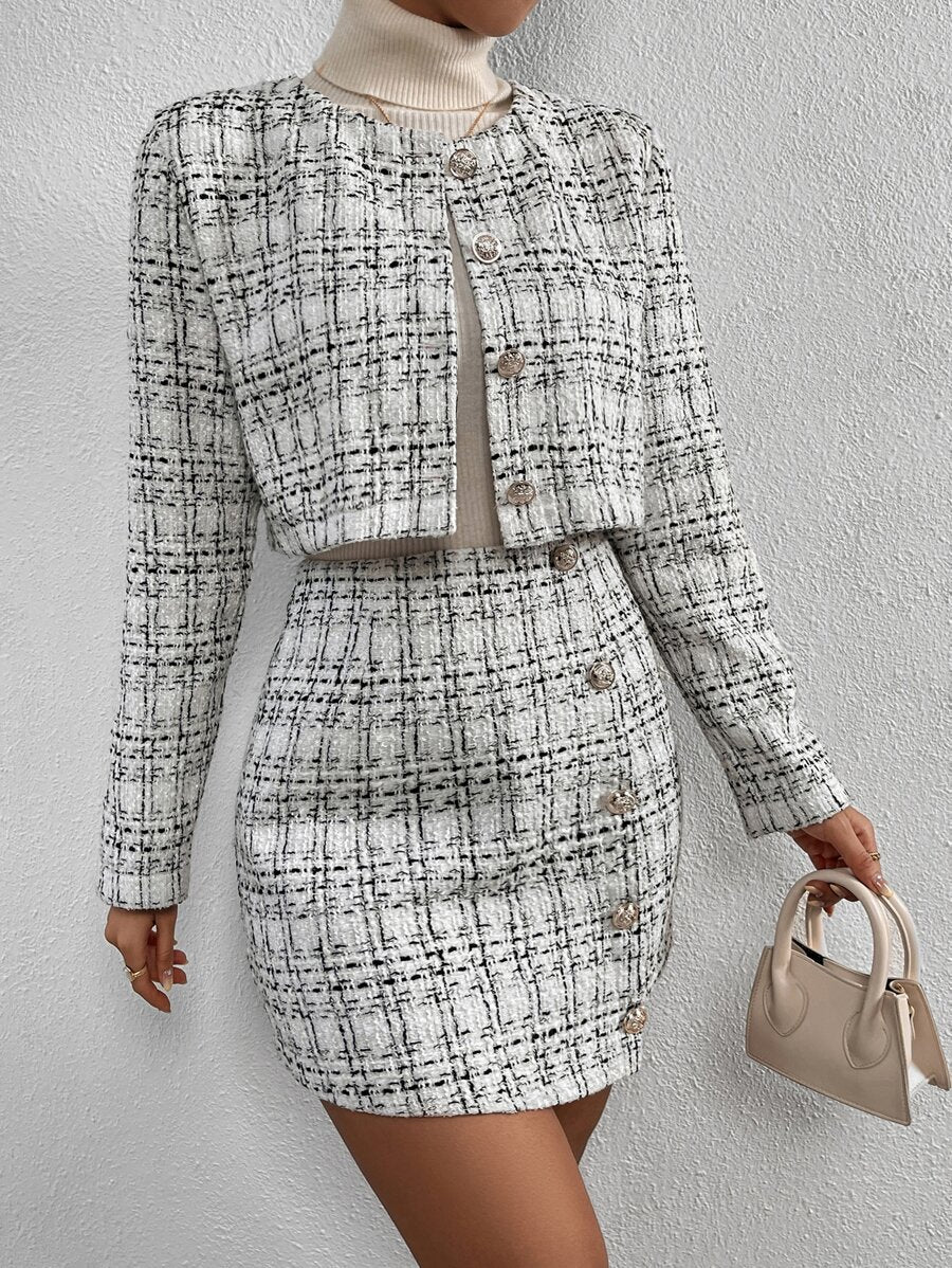 conjunto feminino tweed xadrez com jaqueta e saia elegante inverno