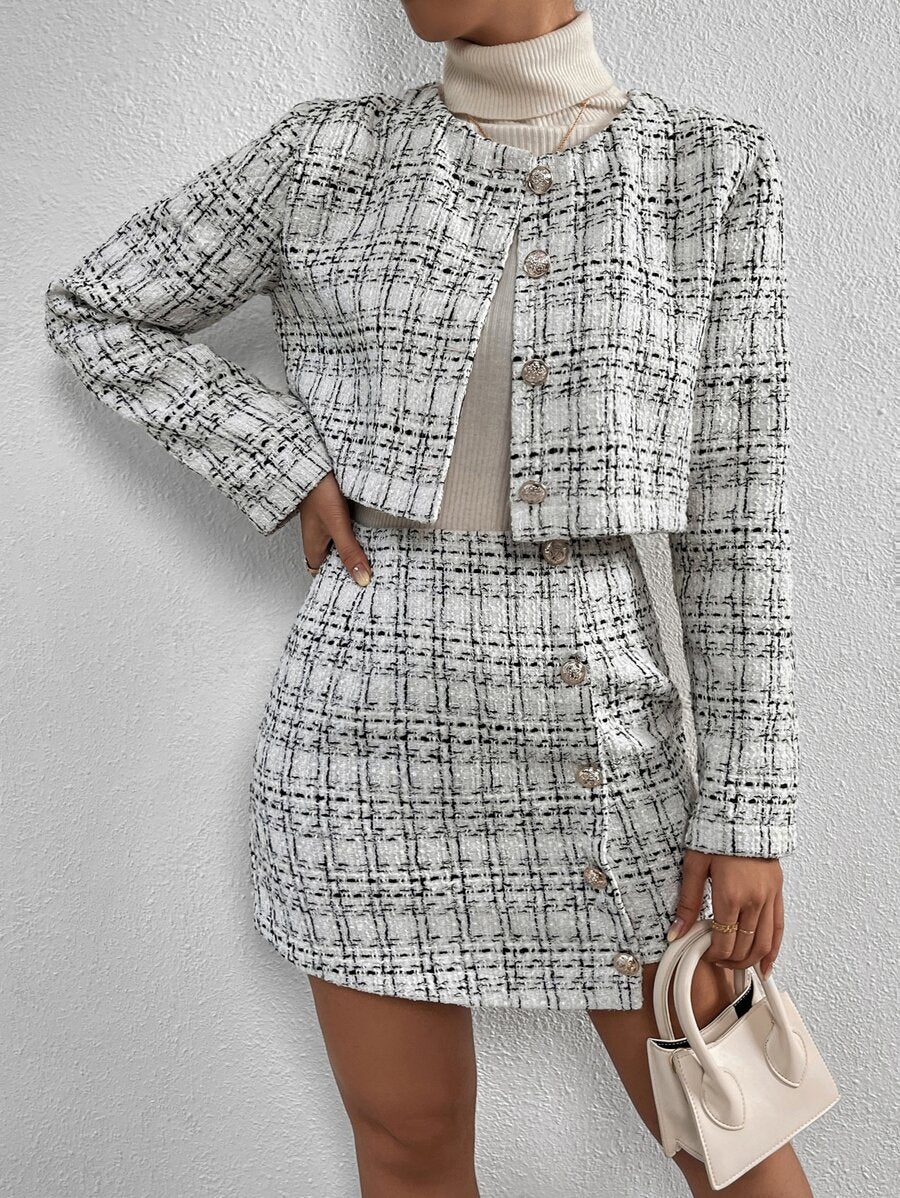 conjunto feminino tweed xadrez com jaqueta e saia elegante inverno