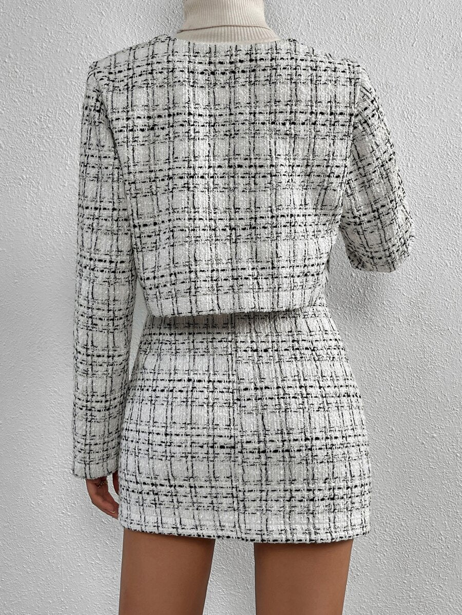 conjunto feminino tweed xadrez com jaqueta e saia elegante inverno