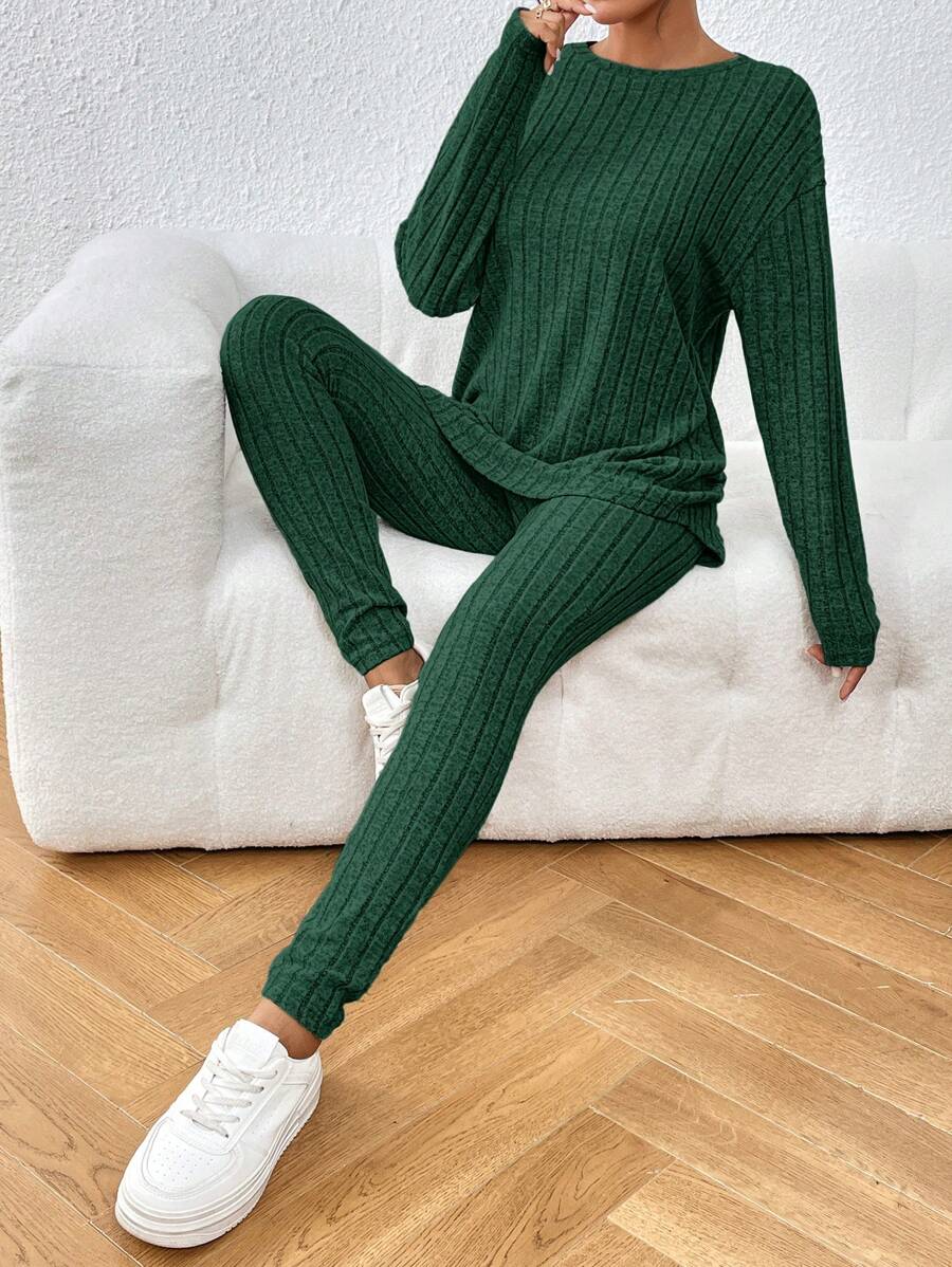 conjunto feminino verde oliva confortável canelado para dia a dia