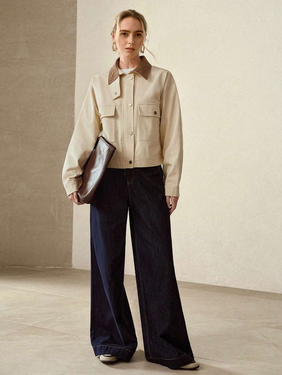 jaqueta algodão feminina com bolsos frontais design moderno