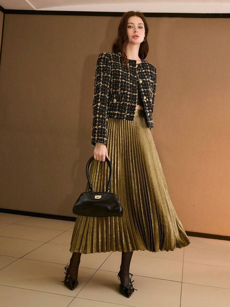 jaqueta feminina tweed xadrez cropped elegante clássico