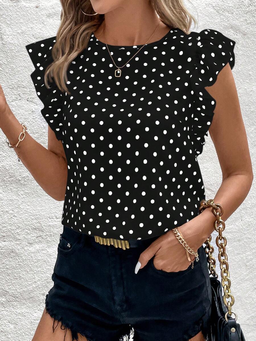 Blusa Casual Feminina - Estampa de Bolinhas e Babado Elegante