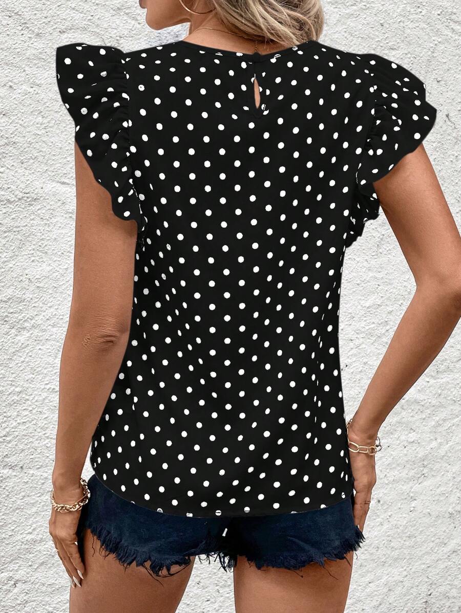 Blusa Casual Feminina - Estampa de Bolinhas e Babado Elegante