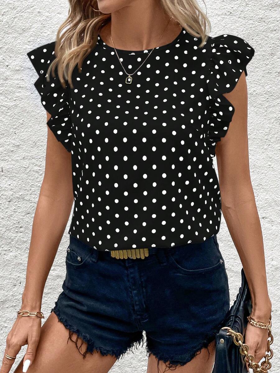 Blusa Casual Feminina - Estampa de Bolinhas e Babado Elegante