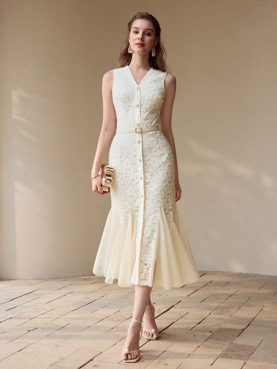 Vestido Sereia Premium - Renda Contrastante e Tela
