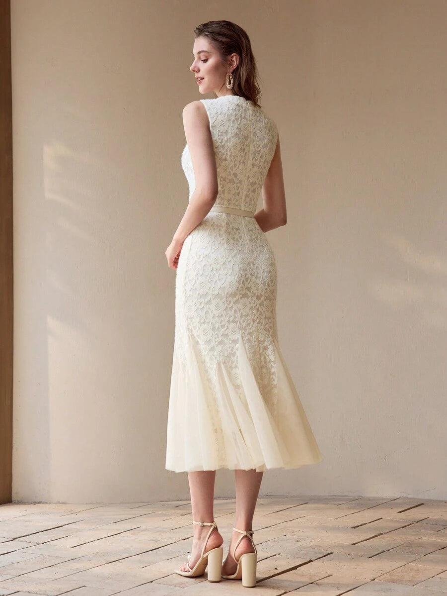 Vestido Sereia Premium - Renda Contrastante e Tela