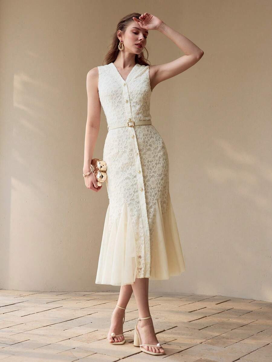 Vestido Sereia Premium - Renda Contrastante e Tela