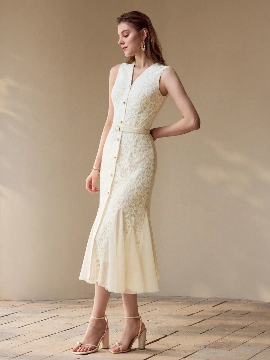Vestido Sereia Premium - Renda Contrastante e Tela