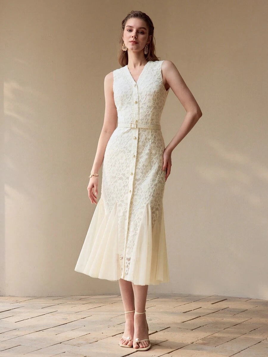 Vestido Sereia Premium - Renda Contrastante e Tela