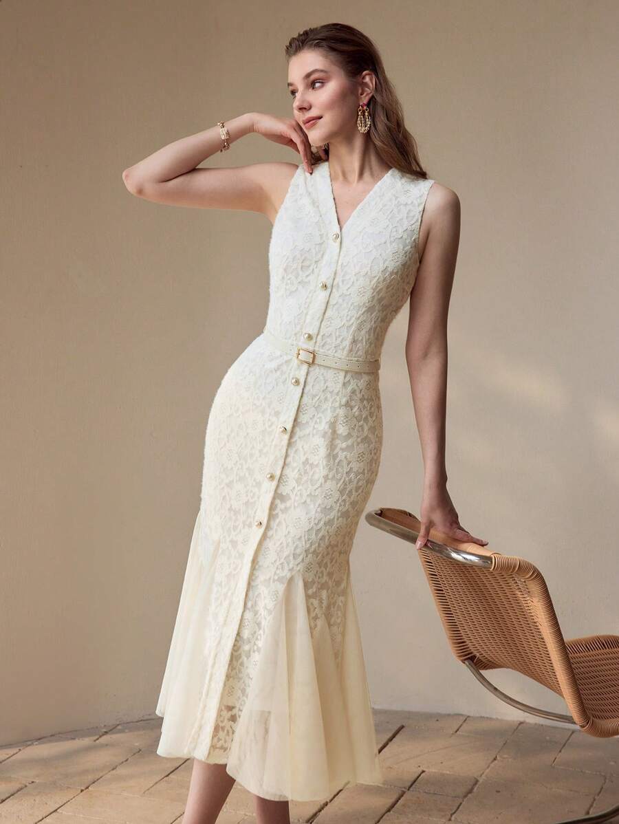 Vestido Sereia Premium - Renda Contrastante e Tela