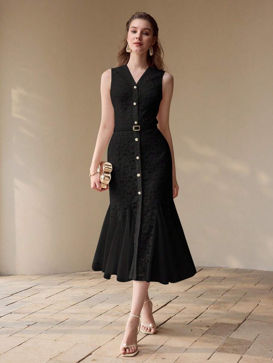 Vestido Sereia Premium - Renda Contrastante e Tela