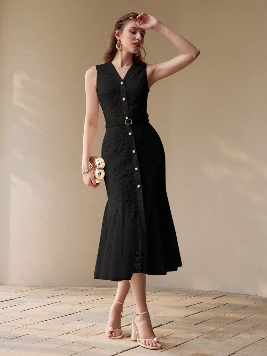 Vestido Sereia Premium - Renda Contrastante e Tela
