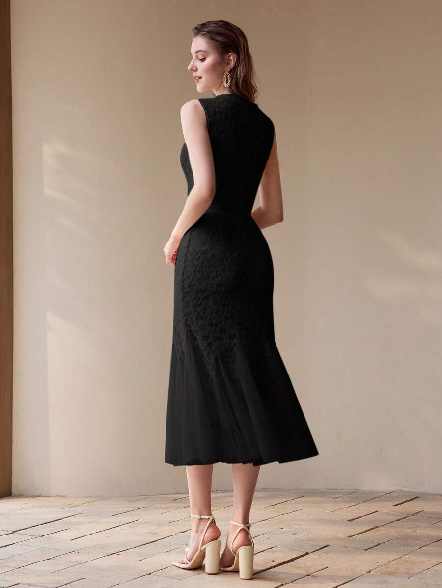 Vestido Sereia Premium - Renda Contrastante e Tela