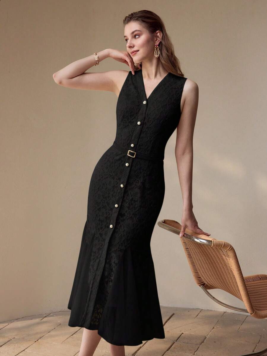 Vestido Sereia Premium - Renda Contrastante e Tela