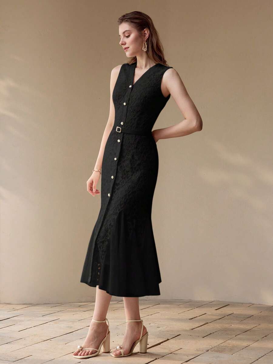Vestido Sereia Premium - Renda Contrastante e Tela