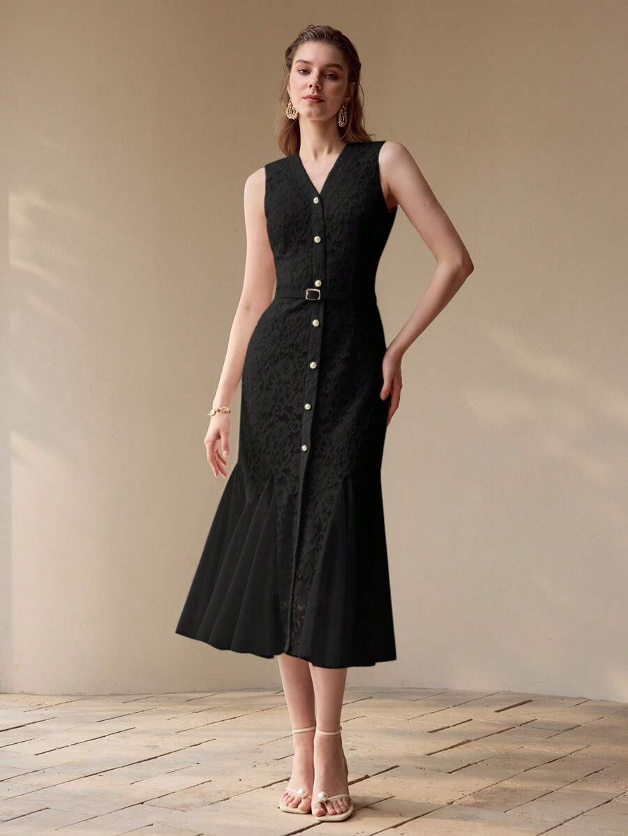 Vestido Sereia Premium - Renda Contrastante e Tela