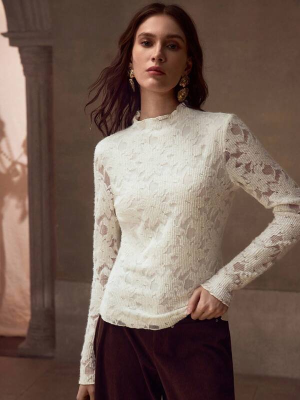 Blusa Feminina Canelada com Mangas Rendada 3D - Coleção Romantic Knit Outono Inverno - Boutique do Encanto