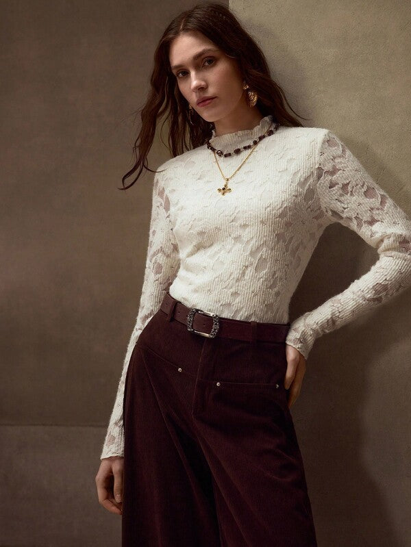 Blusa Feminina Canelada com Mangas Rendada 3D - Coleção Romantic Knit Outono Inverno - Boutique do Encanto