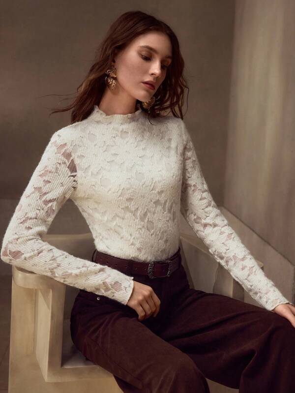 Blusa Feminina Canelada com Mangas Rendada 3D - Coleção Romantic Knit Outono Inverno - Boutique do Encanto