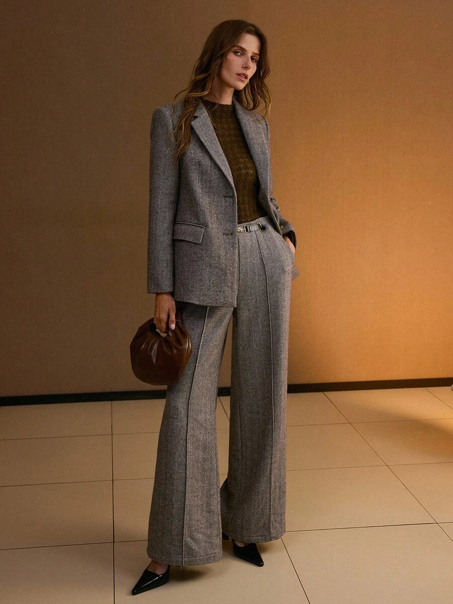 Blazer Feminino Alfaiataria Espinha de Peixe Cinza – Corte Elegante Premium