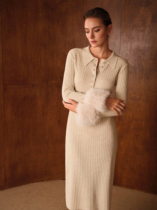 Vestido Midi Tricot Gola Polo com Mangas em Pelo Sintético – Premium