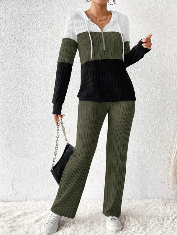 Conjunto Feminino Canelado Color Block com Capuz – Essenciais Urbanos