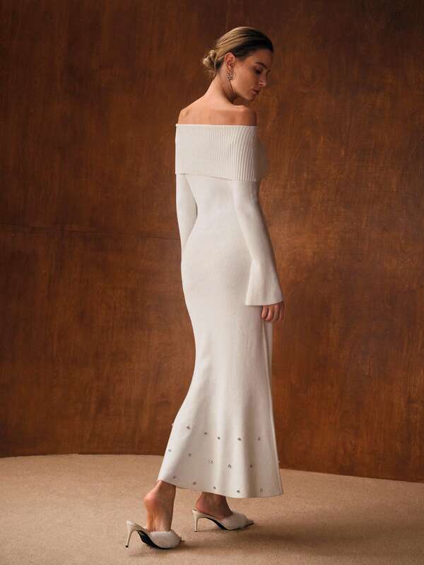 Vestido Feminino Longo Tricot Ombro a Ombro com Aplicações e Bainha Sereia - Premium Inverno