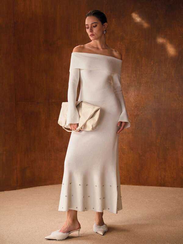 Vestido Feminino Longo Tricot Ombro a Ombro com Aplicações e Bainha Sereia - Premium Inverno