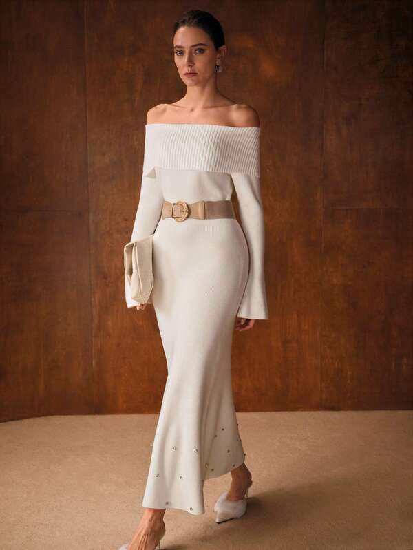 Vestido Feminino Longo Tricot Ombro a Ombro com Aplicações e Bainha Sereia - Premium Inverno