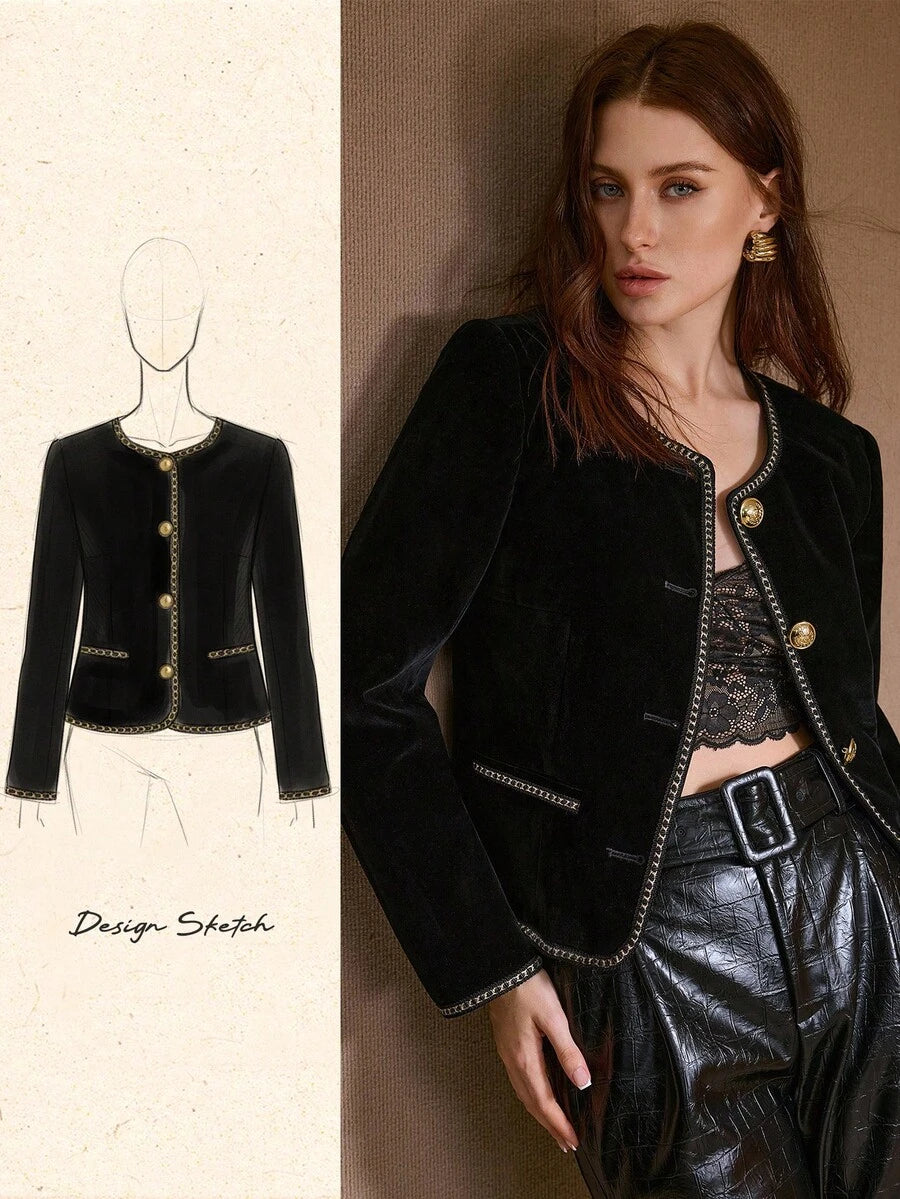 Jaqueta Feminina Veludo Preto com Botões Dourados – Elegante Premium Noite | Boutique do Encanto