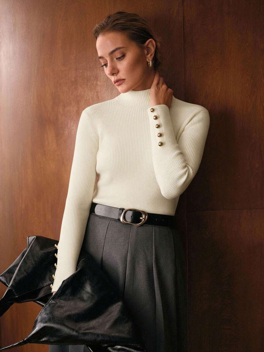 Blusa Feminina Premium em Tricô Canelado com Botões Dourados – Boutique Exclusive