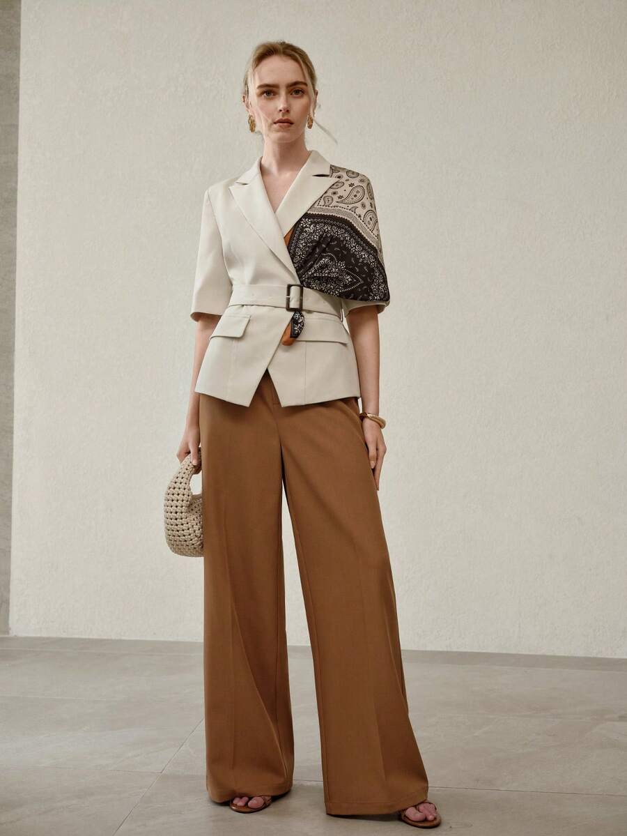 Blazer Feminino Alfaiataria Manga Curta com Lenço Removível – Elegante Off White | Boutique do Encanto