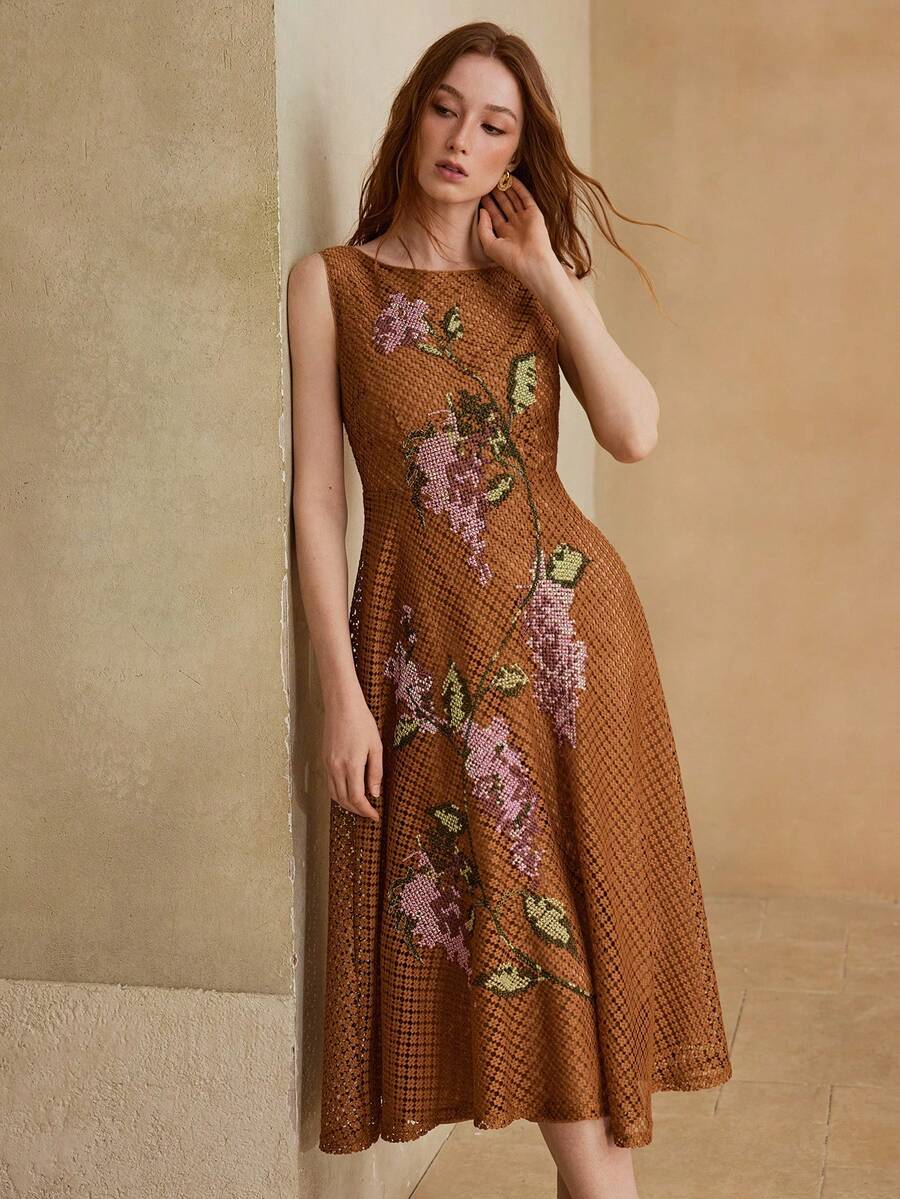Vestido Midi Evasê - Cintura em Renda Bordada