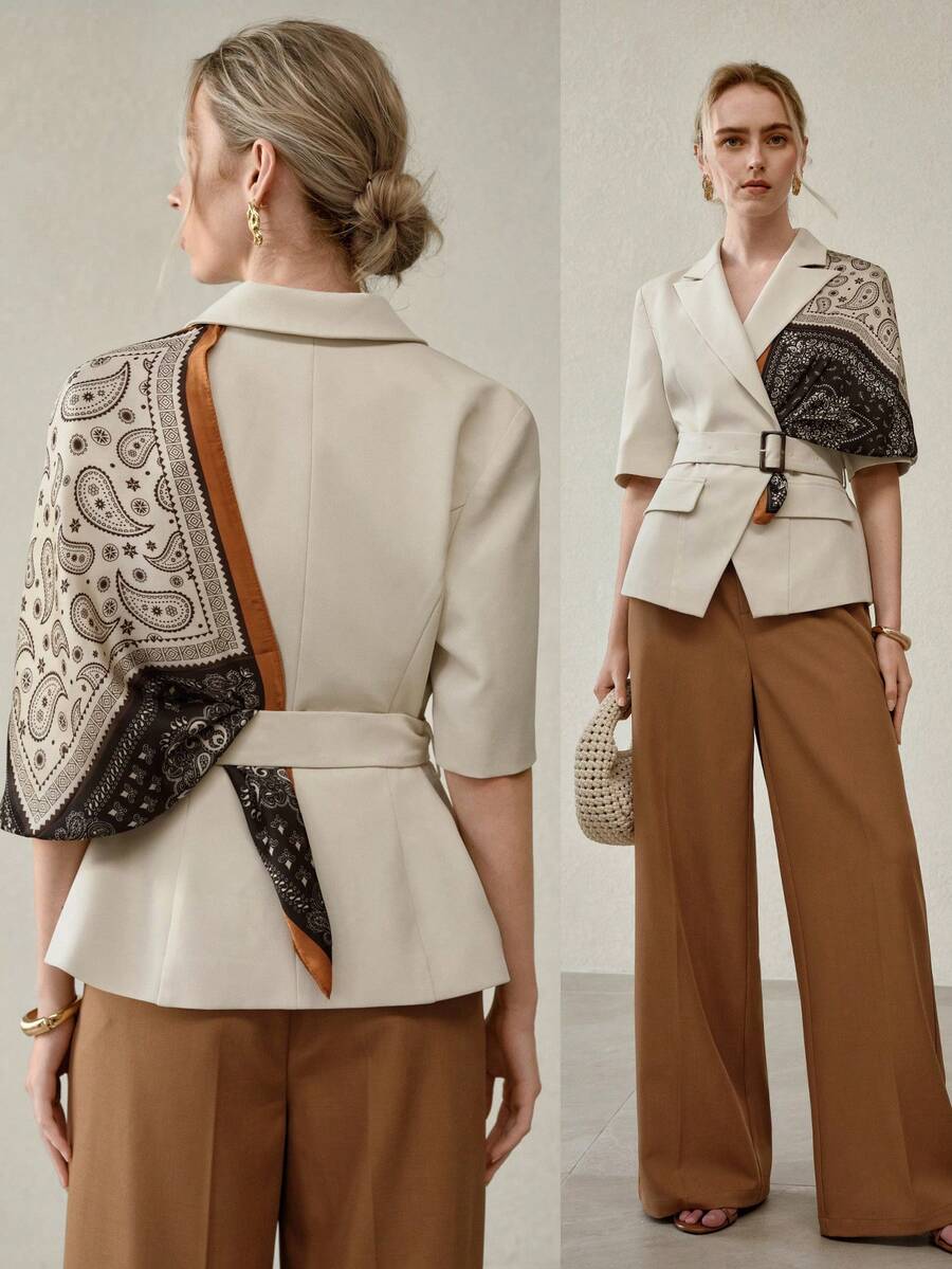 Blazer Feminino Alfaiataria Manga Curta com Lenço Removível – Elegante Off White | Boutique do Encanto