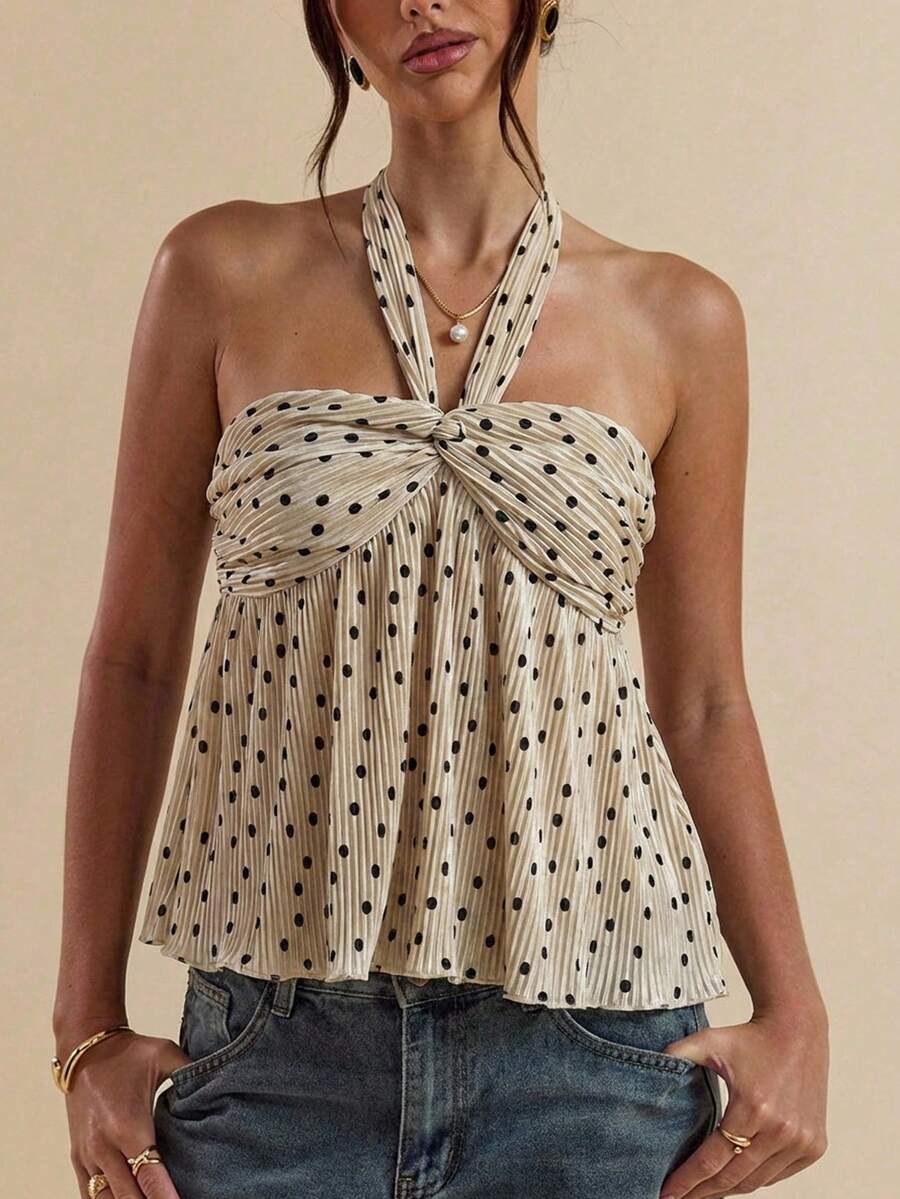 Blusa Elegante Plissada - Design Sofisticado com Estampa de Bolinhas