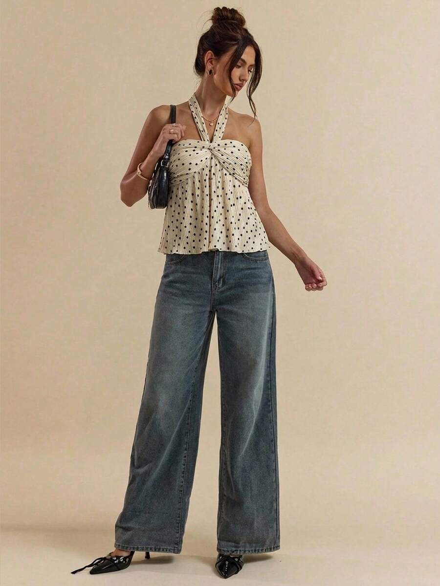 Blusa Elegante Plissada - Design Sofisticado com Estampa de Bolinhas