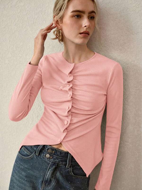 Blusa Feminina Vermelha Assimétrica em Malha Premium - Manga Longa, Drapeada com Botões, Slim Fit - Boutique do Encanto Blusas