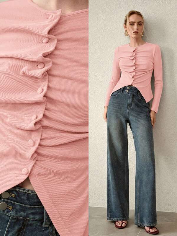Blusa Feminina Vermelha Assimétrica em Malha Premium - Manga Longa, Drapeada com Botões, Slim Fit - Boutique do Encanto Blusas