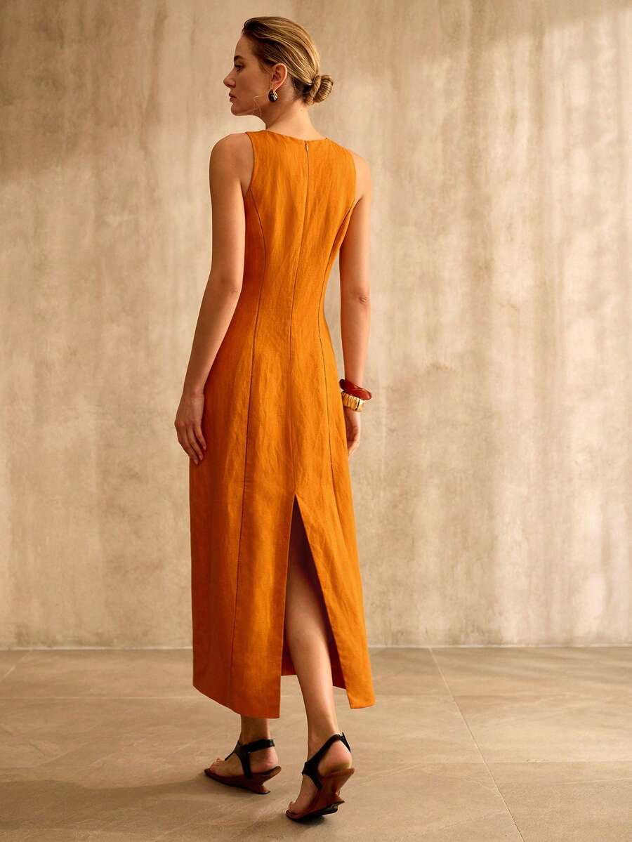 Vestido de Verão Feminino - Linho Misto com Bainha Dividida