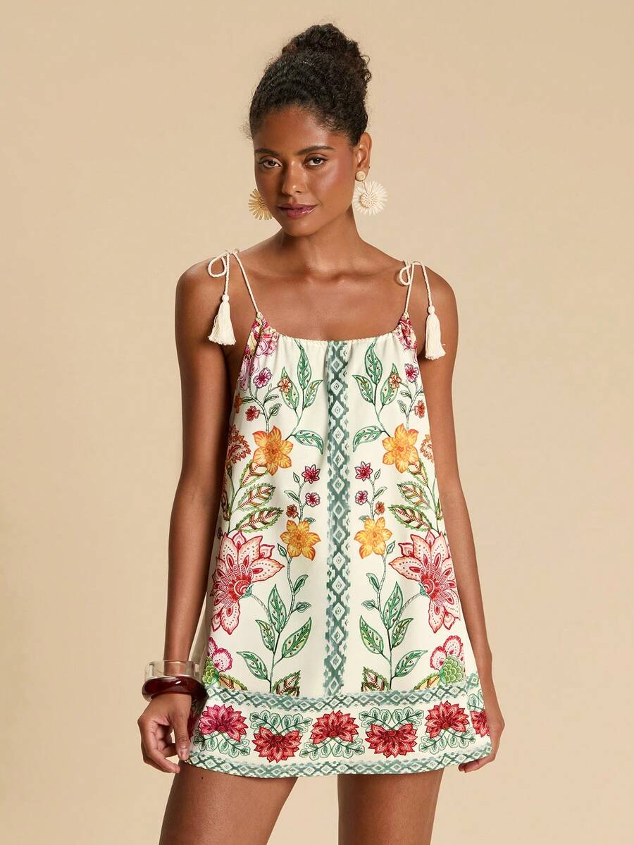 Vestido de Praia Feminino - Estampa de Palmeira e Detalhe de Nó
