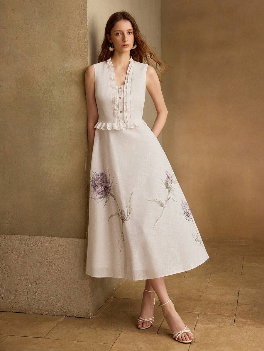 Vestido Midi Premium - Gola Babado e Estampa Elegante