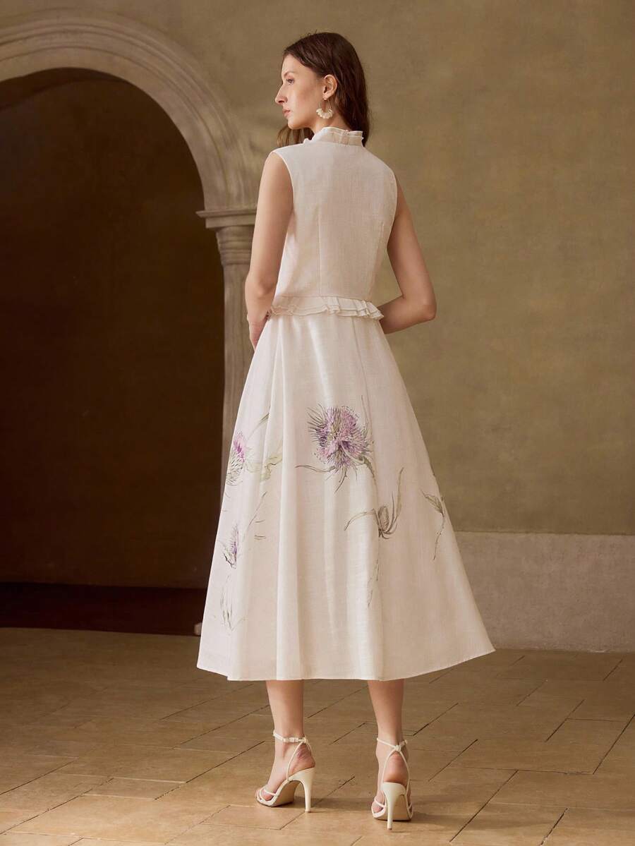 Vestido Midi Premium - Gola Babado e Estampa Elegante