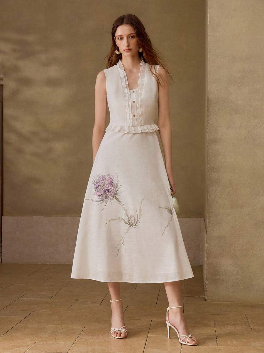 Vestido Midi Premium - Gola Babado e Estampa Elegante